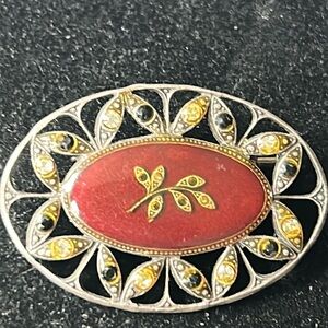 Catherine Popesco France VTG sterling silver Oval Brooch Red & Gold Accents